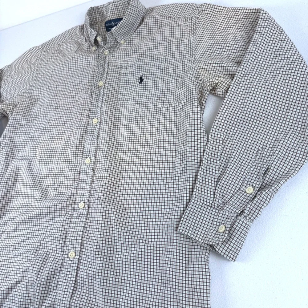 Ralph Lauren Boys XL 18-20 Brown White Check Button Down Shirt Long Sleeve